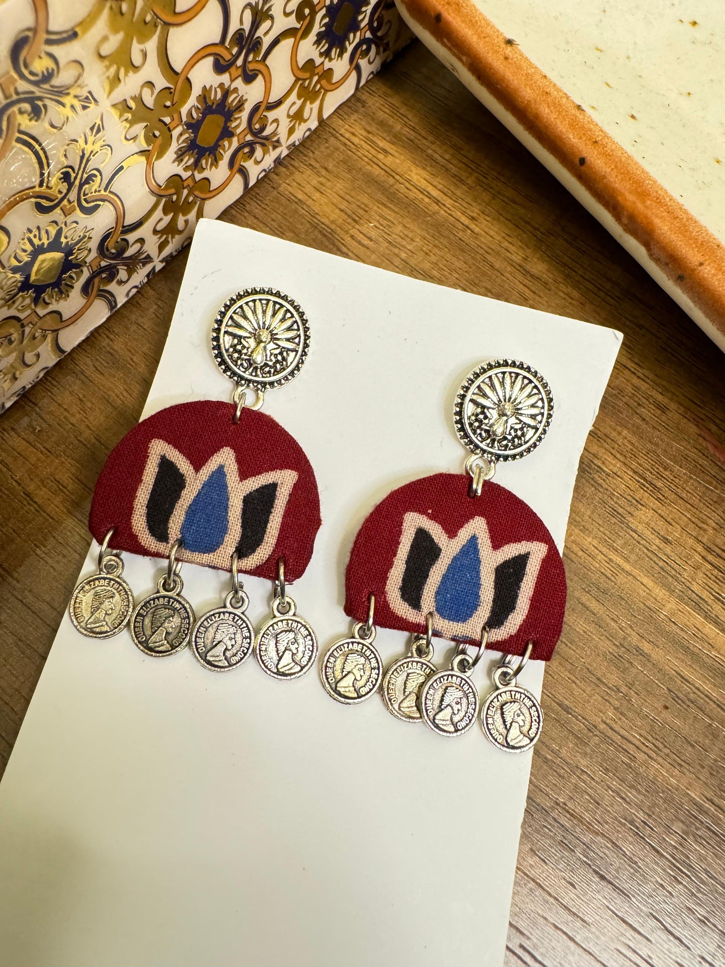 Maroon lotus coin earrings