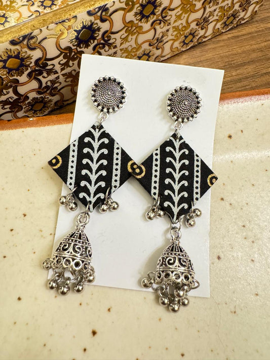 Black printed jhumka earrings