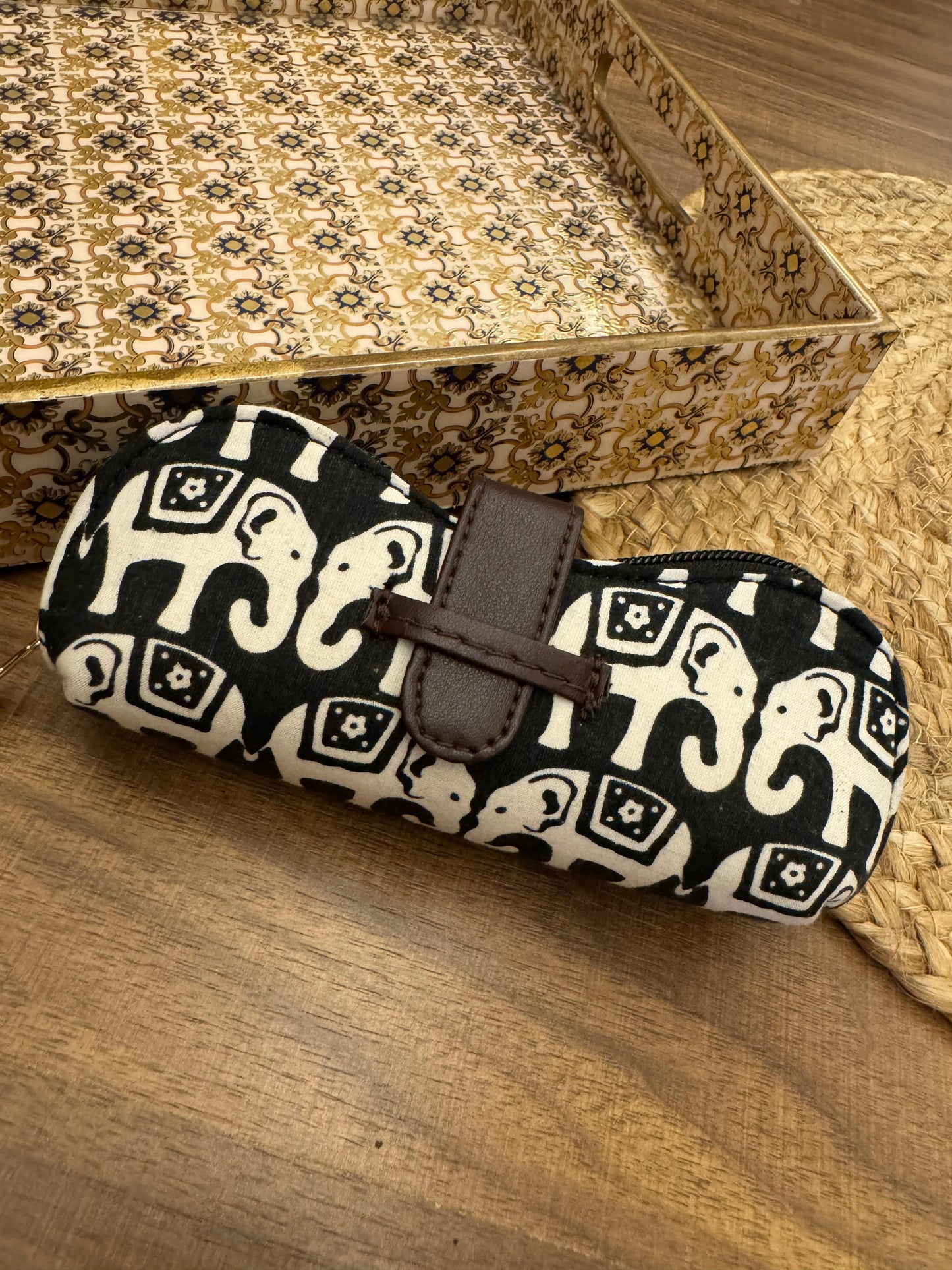 Black and white elephant printed sunglasses pouch